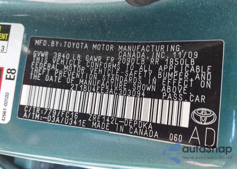 2010 Toyota Corolla Le из США, поврежденный, VIN 2T1BU4EE3AC303094